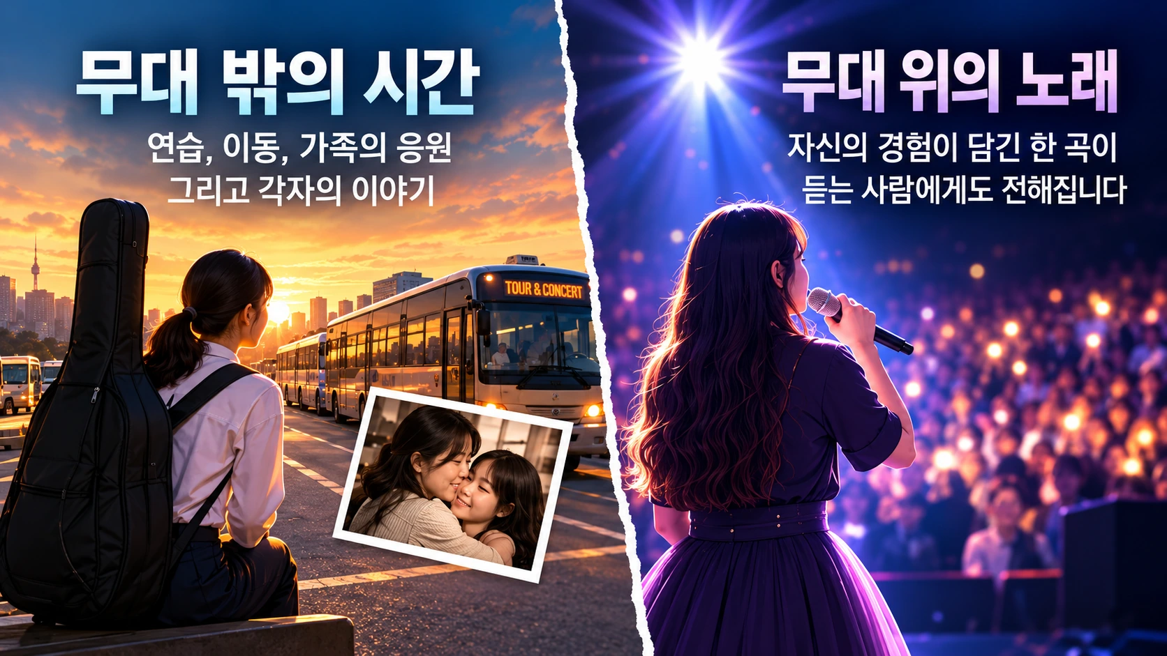 무대 위 노래와 무대 뒤 참가자의 도전·가족·기억이 연결되는 구조를 나타낸 일러스트