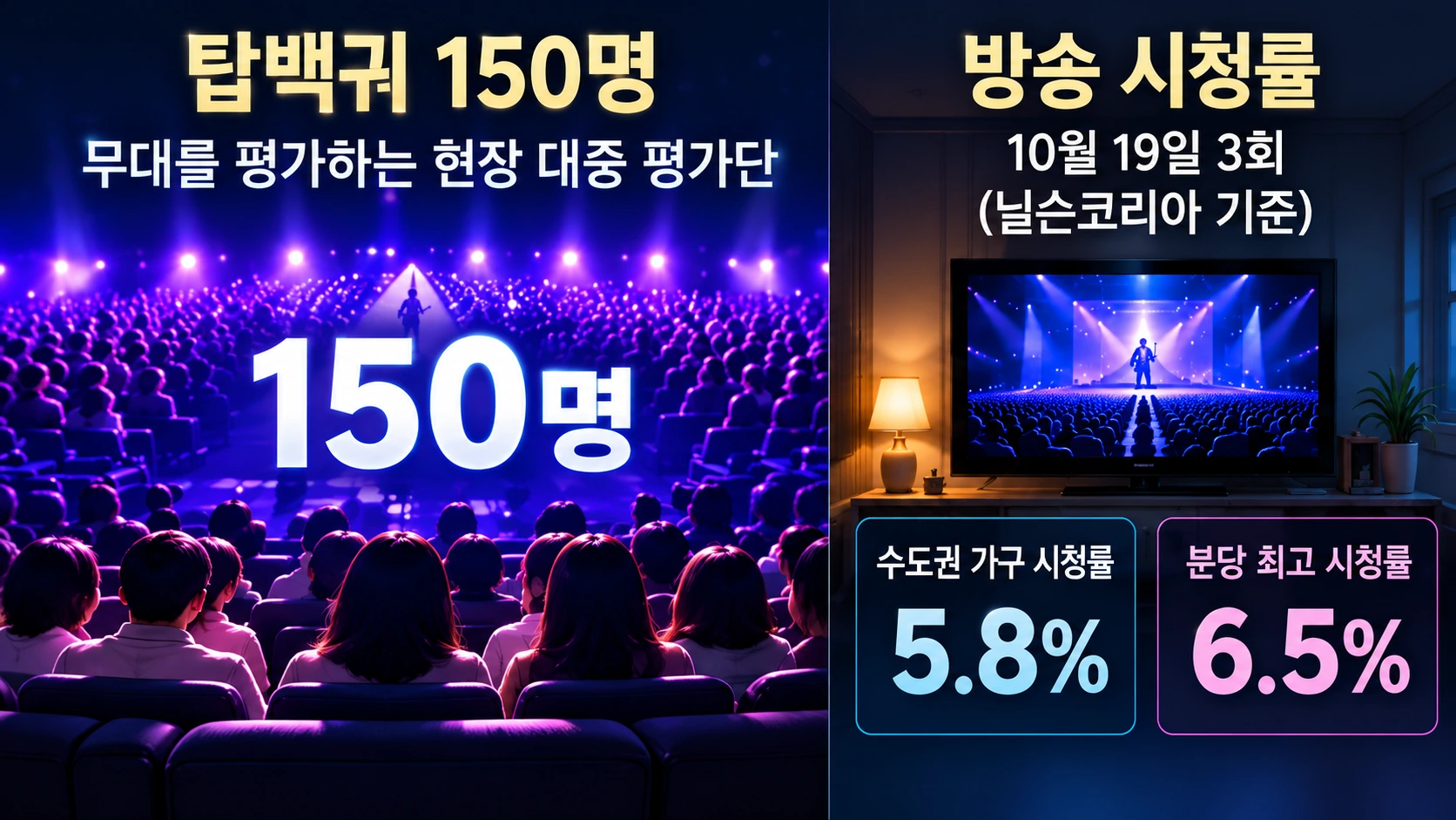 현장 평가단 탑백귀 150명의 투표와 우리들의 발라드2의 시청률 지표를 구분해 보여주는 인포그래픽