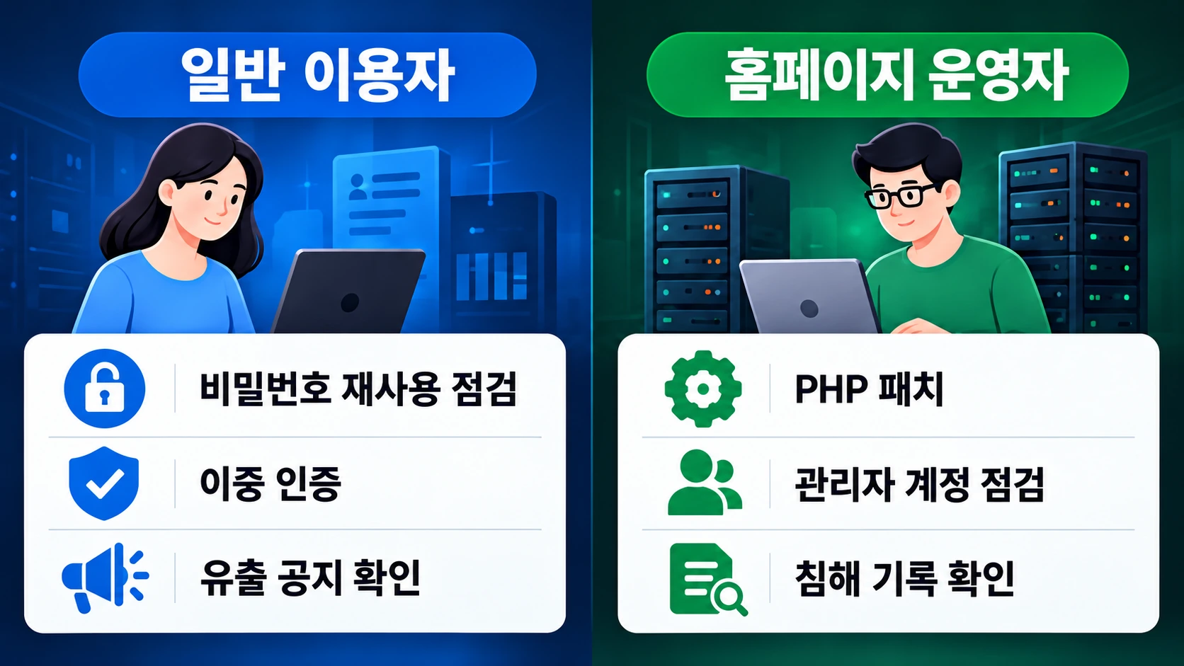 PHP 보안 사고에 대응하는 일반 이용자와 홈페이지 운영자의 행동 차이를 설명한 인포그래픽