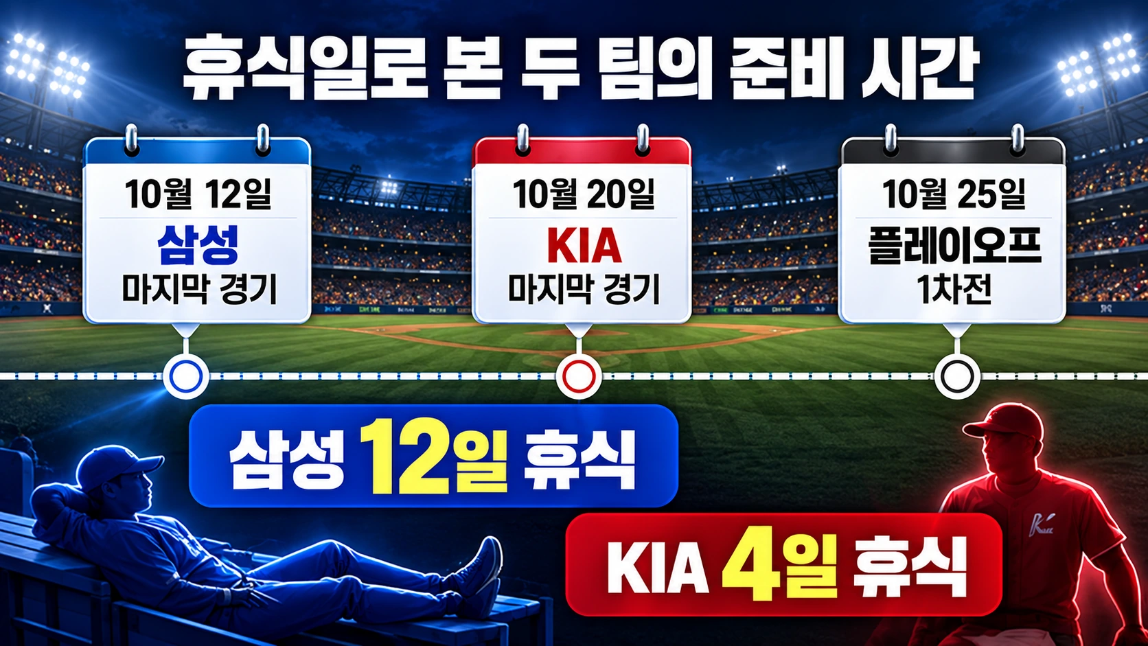 삼성의 10월 12일 최종전 이후 12일 휴식과 KIA의 10월 20일 준플레이오프 종료 이후 4일 휴식을 나란히 비교한 달력