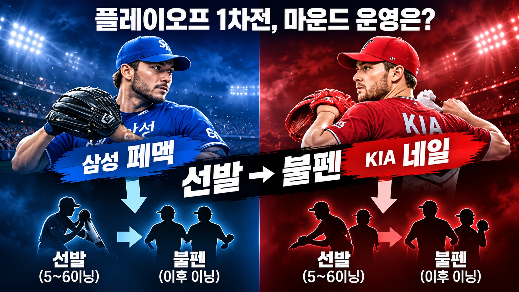 2026 삼성과 KIA 플레이오프 1차전에서 선발 예고된 페덱과 네일, 양 팀 불펜 운용의 핵심 차이를 나타낸 전략 인포그래픽