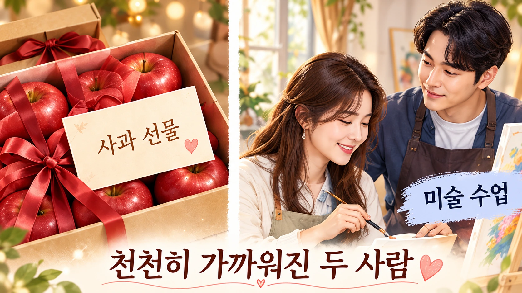 이규한이 방송에서 최종 선택을 하지 못한 미안함을 사과 과일 선물로 전하고 솔비의 미술 수업에 참여한 사연을 표현한 일러스트