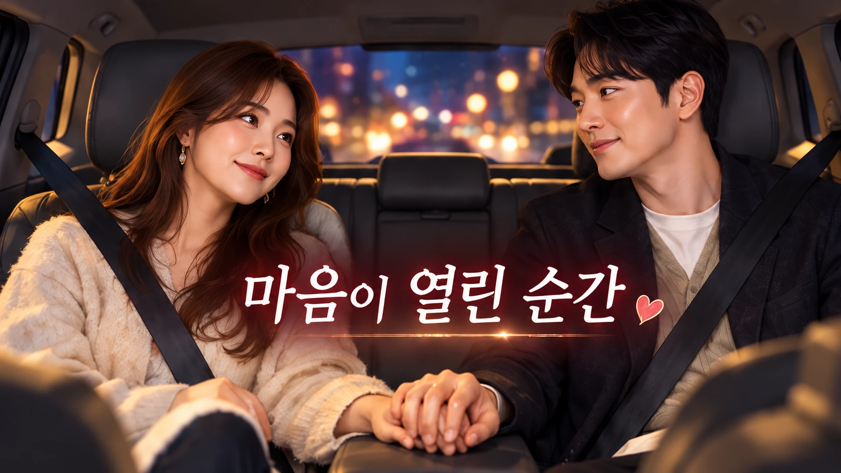 솔비와 이규한이 연애 예능 속 차량 데이트에서 손을 잡았던 순간을 상징적으로 재구성한 로맨틱한 일러스트