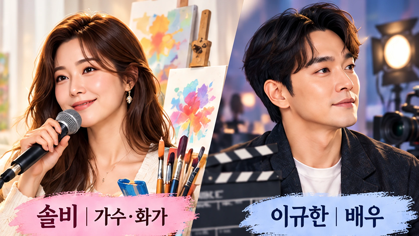 음악과 현대미술 분야에서 활동해 온 솔비와 드라마와 방송 분야에서 활동한 배우 이규한의 경력을 비교한 일러스트