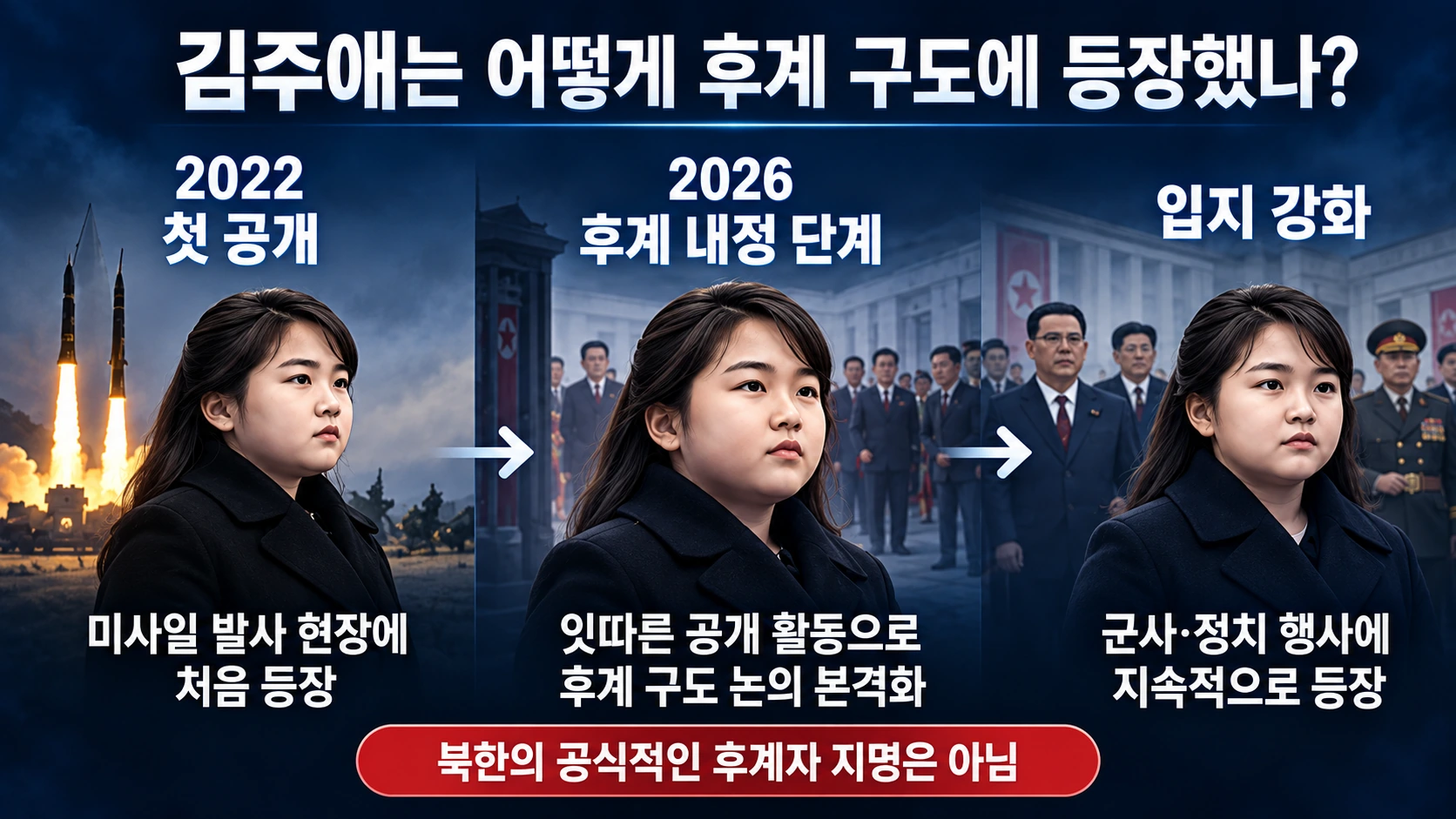 김주애의 2022년 미사일 시험장 첫 공개부터 2026년 국정원 후계 내정 단계 평가까지 보여주는 타임라인