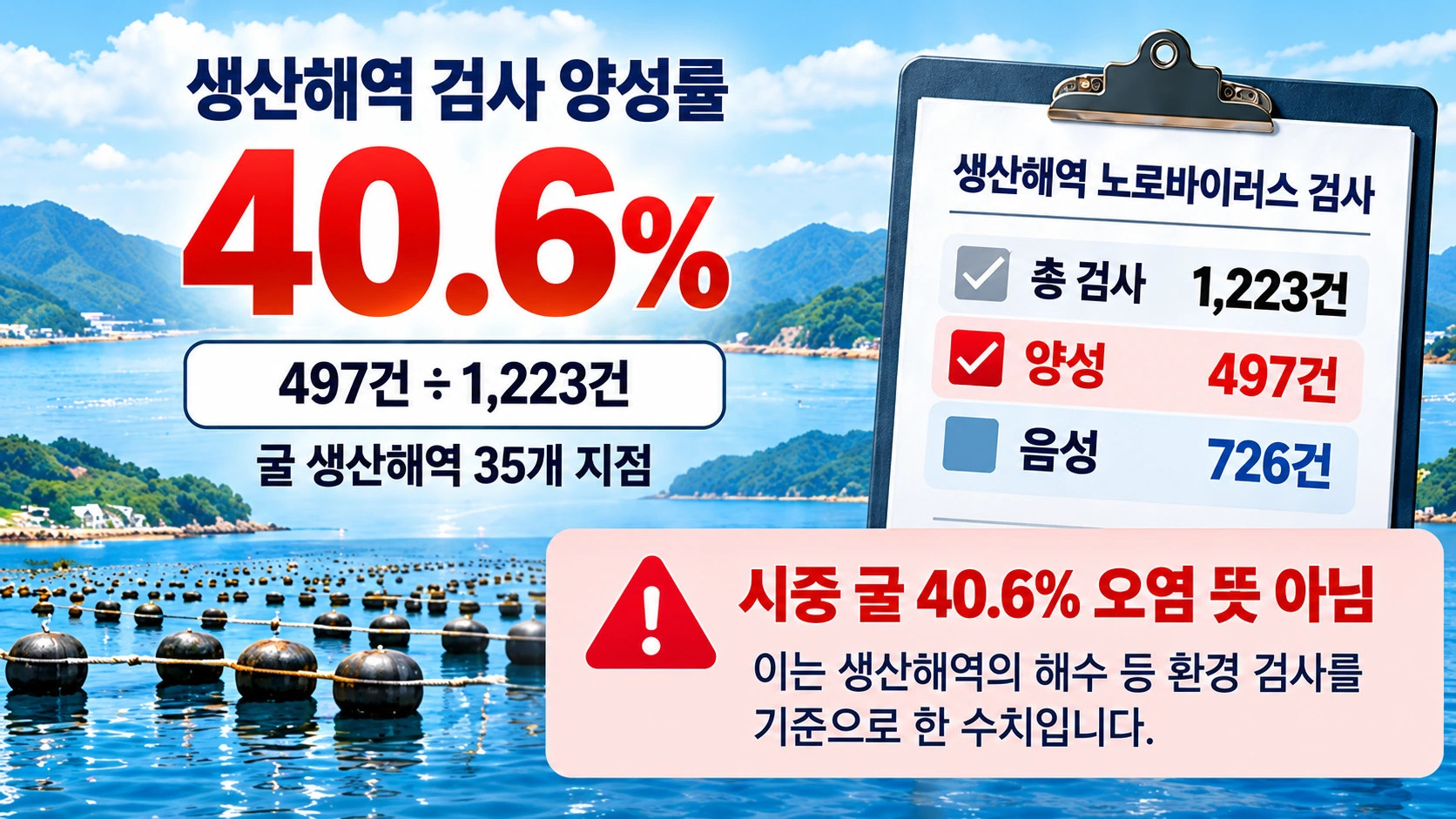 굴 생산해역 35개 지점에서 시행한 1223건의 검사 중 497건이 양성이어서 40.6%였다는 조사 범위를 설명한 인포그래픽
