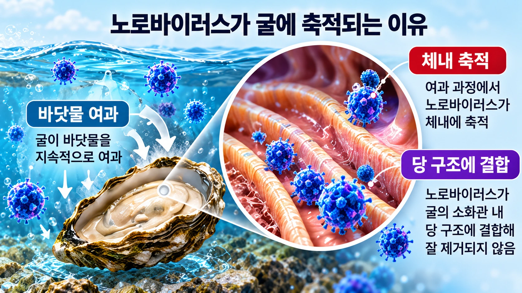 굴이 바닷물을 걸러 먹이를 섭취하면서 노로바이러스가 체내 소화조직의 당 구조에 결합하는 과정을 설명한 과학 인포그래픽