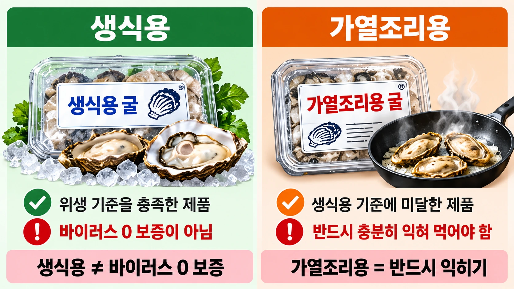 생식용과 가열조리용 굴 포장 표시의 의미 및 각각의 섭취 주의사항을 비교한 안내 인포그래픽
