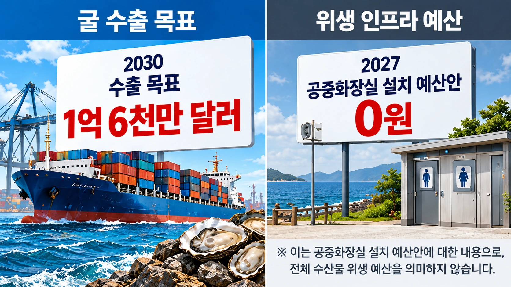 한국 정부의 2030년 굴 수출 목표와 2027년 패류생산 지정해역 공중화장실 설치 사업 예산안 0원을 대비한 정책 인포그래픽
