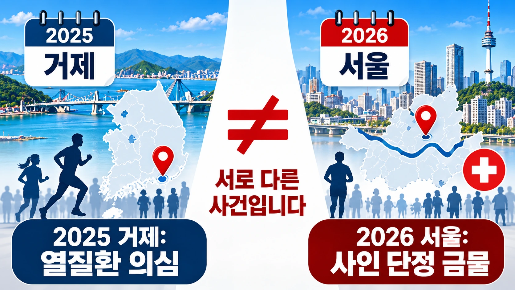 2025년 거제 마라톤 열질환 의심 사고와 2026년 서울레이스 참가자 사망 사고를 원인 확정 여부와 함께 구분한 타임라인