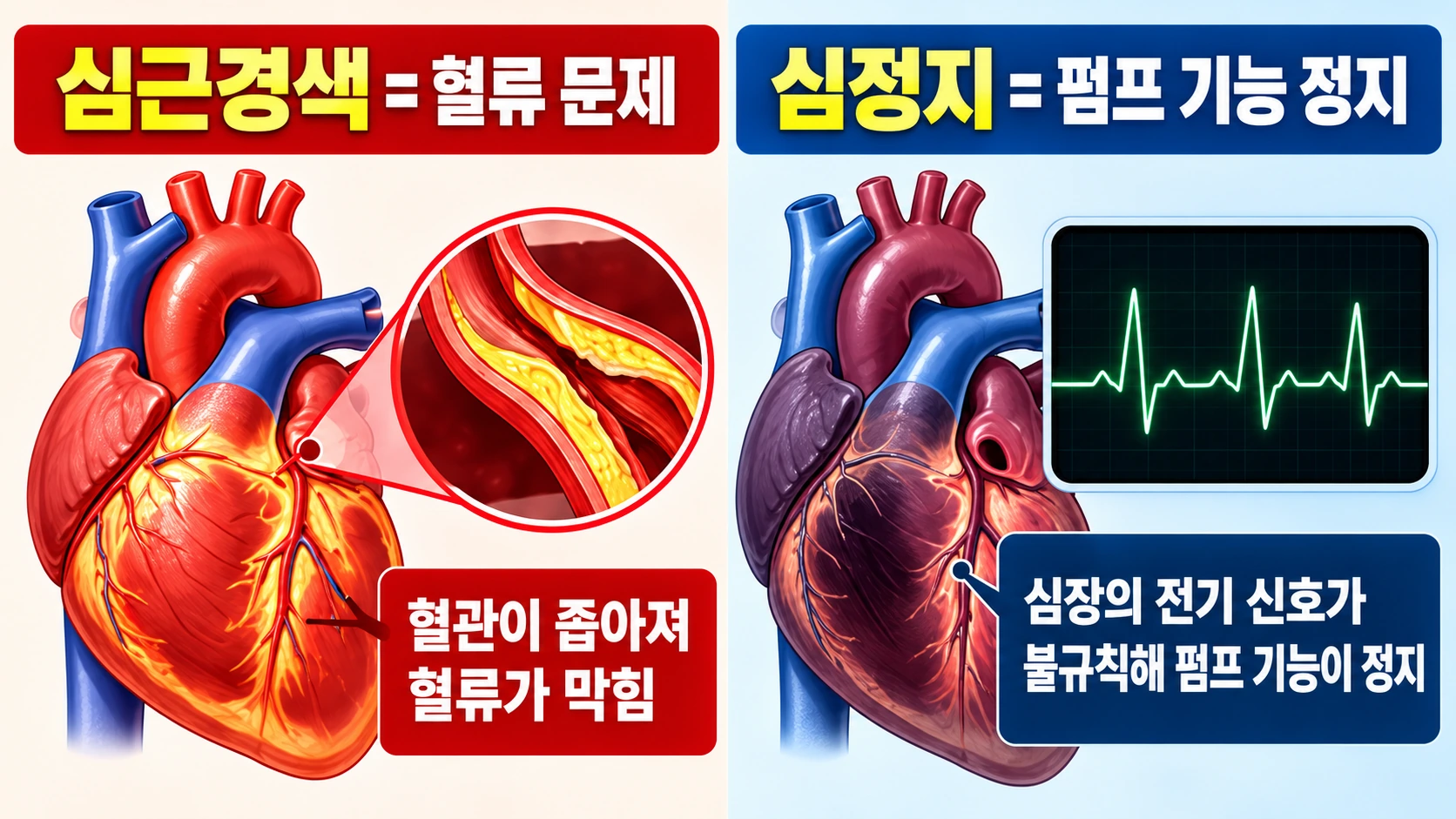 심근경색은 심장 혈관의 혈류 문제이고 심정지는 심장 펌프 기능이 갑자기 멈추는 상태임을 비교한 의학 인포그래픽