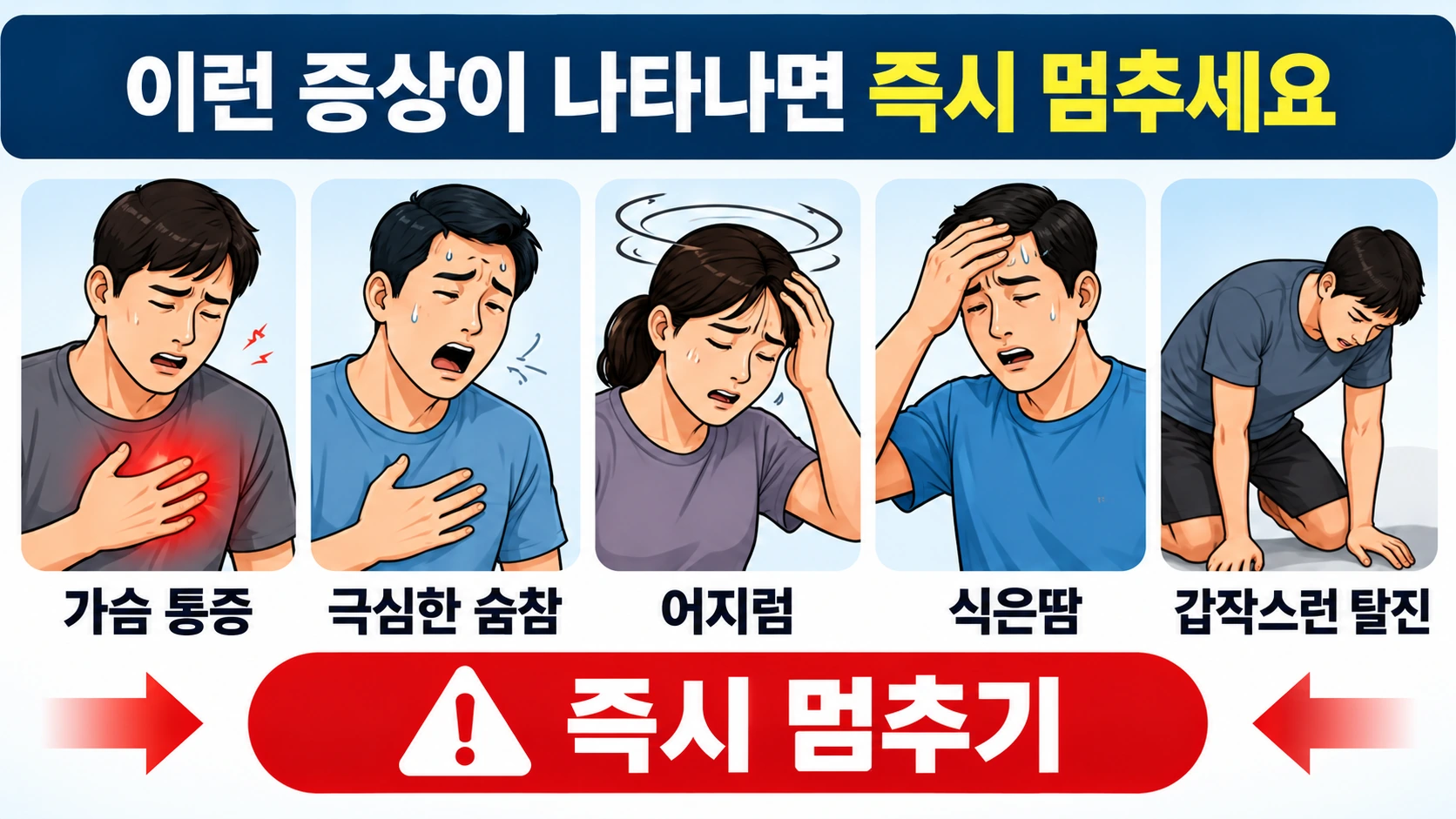 달리기 중 가슴 통증, 극심한 숨참, 어지럼증, 식은땀, 갑작스러운 탈진을 즉시 중단 신호로 정리한 안내 그림