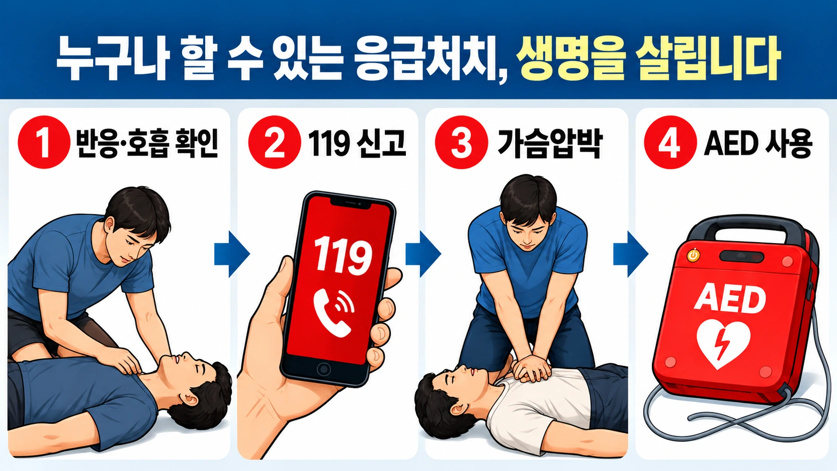 달리기 중 사람이 의식을 잃고 정상 호흡이 없을 때 119 신고와 가슴압박, 자동심장충격기 사용 순서를 설명한 응급대응 인포그래픽