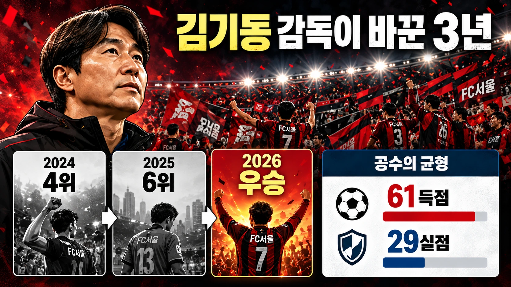 김기동 감독 부임 이후 FC서울의 2024년 4위, 2025년 6위, 2026년 우승과 61득점·29실점의 공수 균형을 설명한 인포그래픽