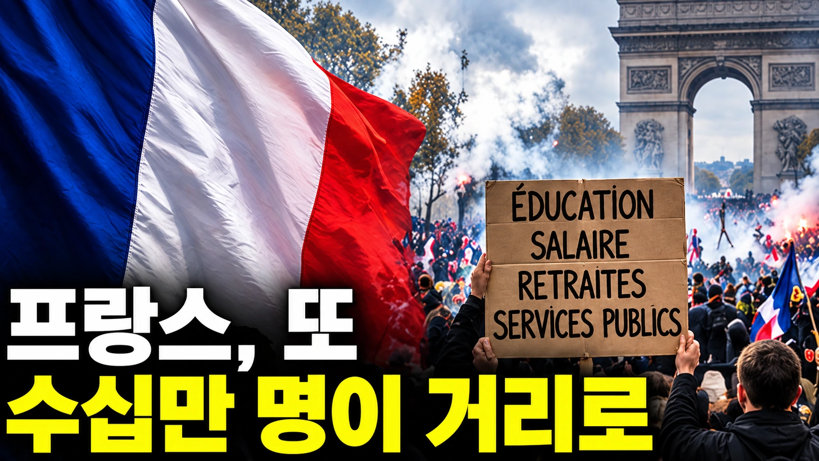프랑스 파리의 대규모 시위 행렬과 물가·교육 문제를 상징적으로 표현한 뉴스 해설 일러스트