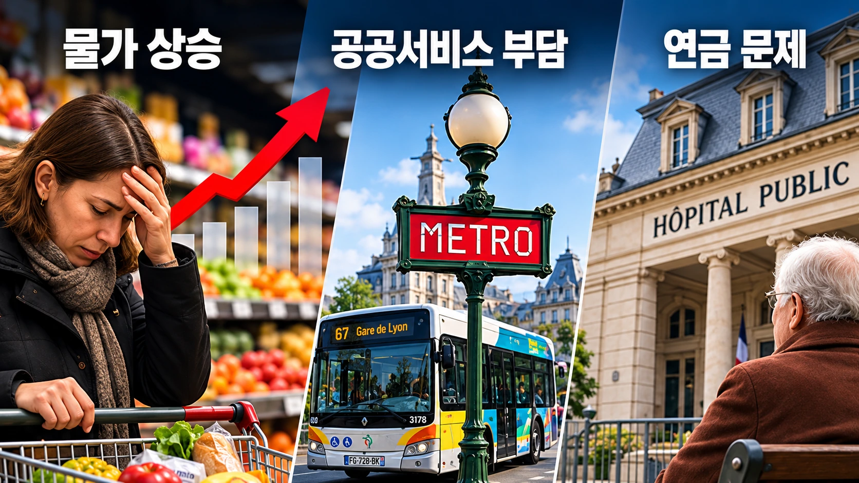 프랑스 시위에 참여한 학생·노동자·은퇴자의 요구 사항을 교육·임금·연금으로 나누어 설명한 관계도