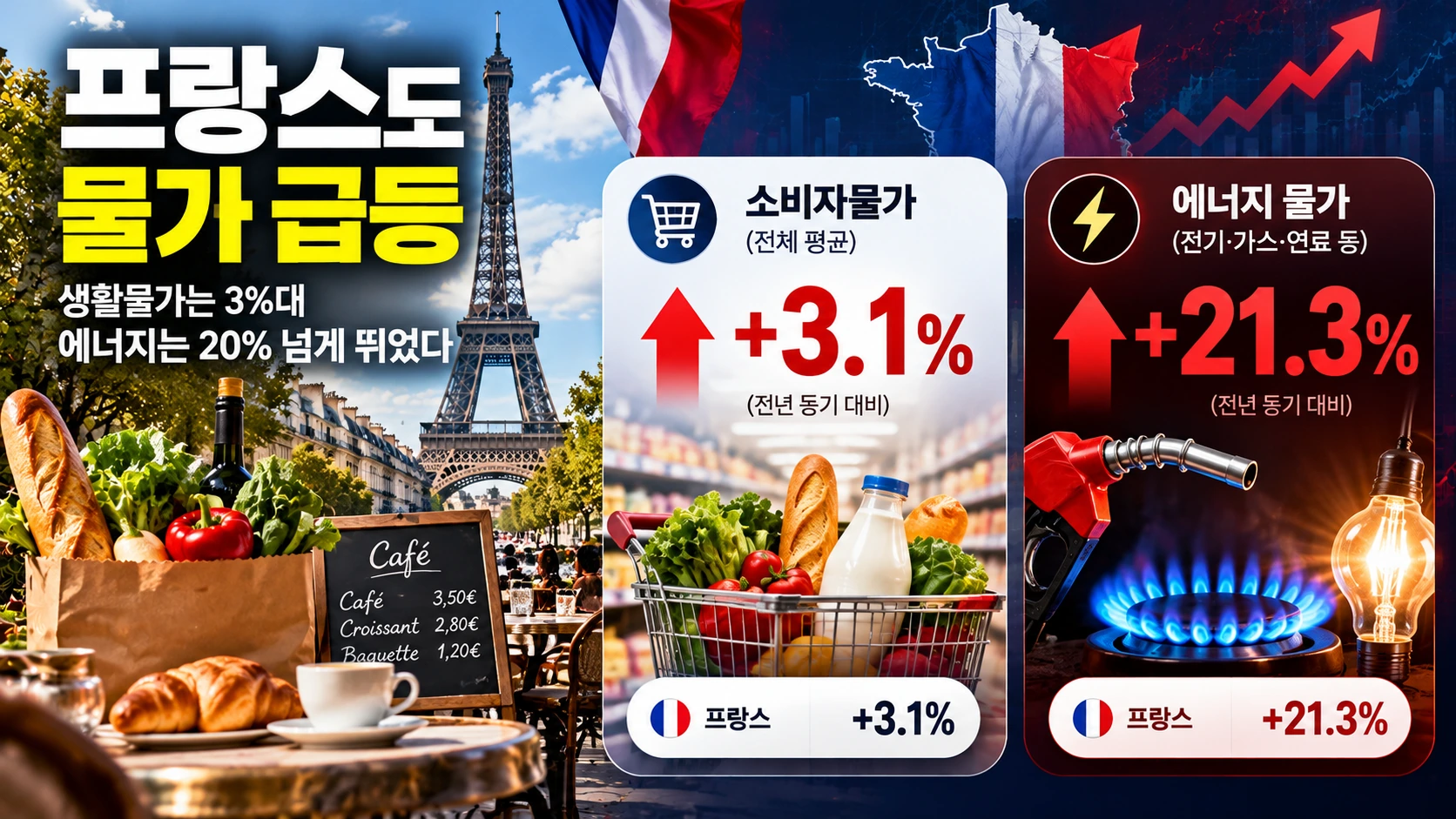 2026년 9월 프랑스 전체 소비자물가 상승률 3.1%와 에너지 물가 상승률 21.3%를 비교한 인포그래픽