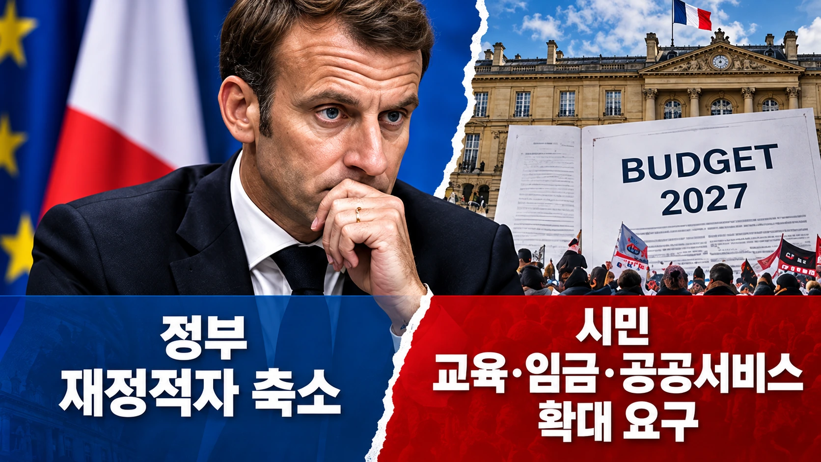 프랑스 정부의 재정적자 축소 목표와 노동계의 교육·복지·임금 개선 요구를 비교한 인포그래픽