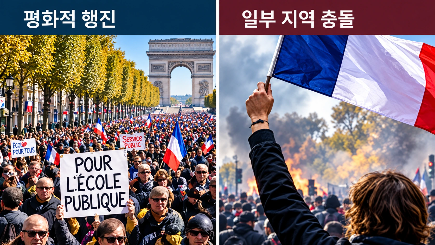 프랑스의 평화적인 시위 행진과 일부 지역에서 발생한 경찰·시위 참가자 충돌을 구분하여 표현한 뉴스 해설 일러스트