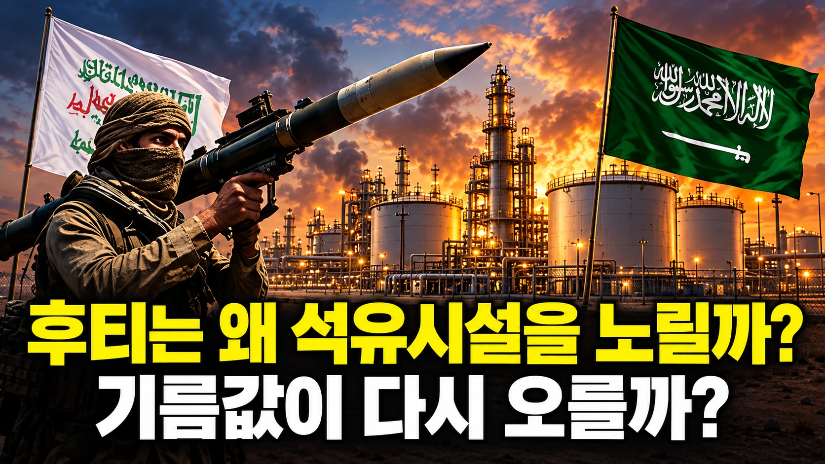 사우디 석유시설과 미사일 위협, 국제유가 상승 우려를 함께 표현한 중동 분쟁 일러스트