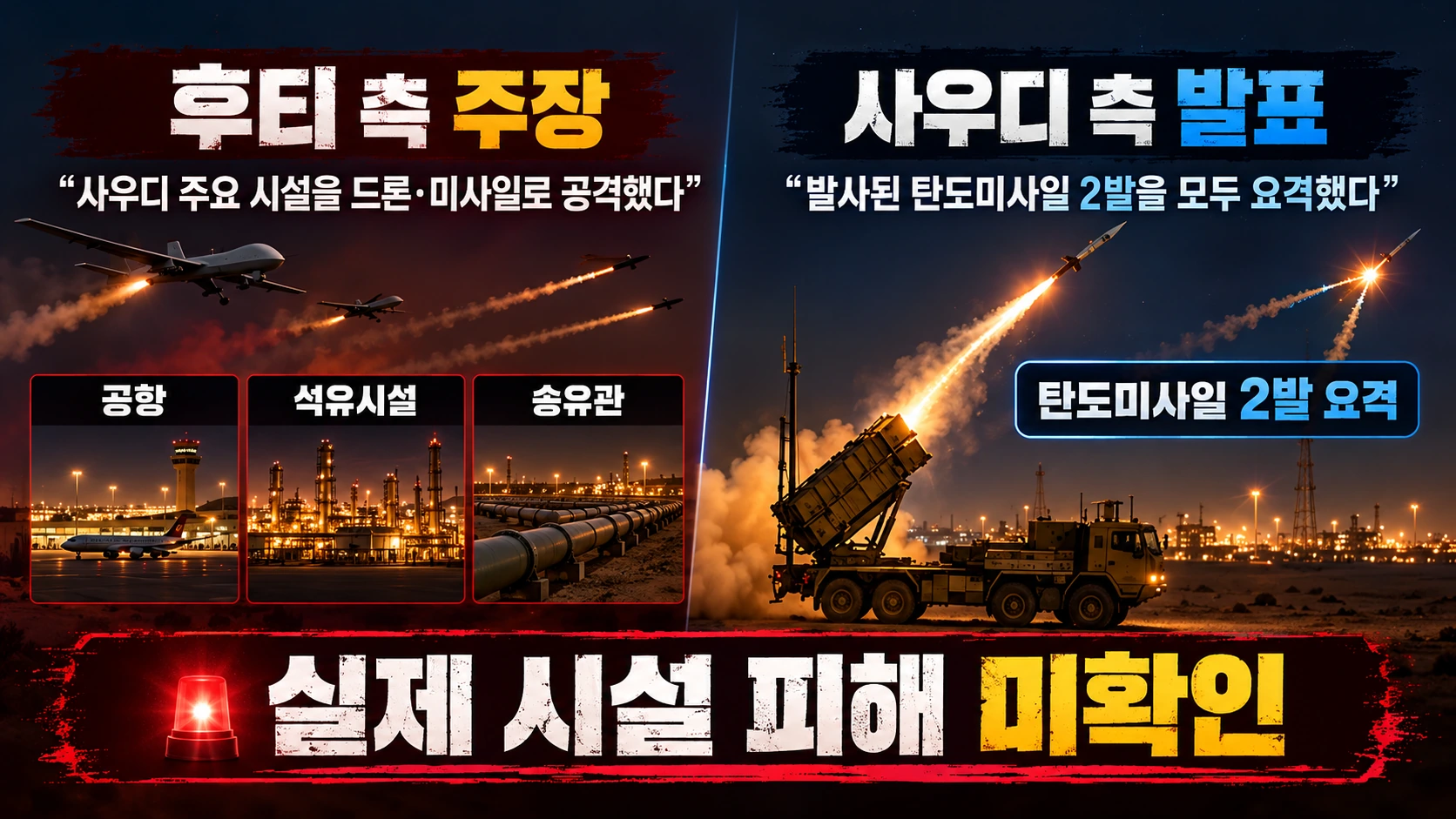 후티 반군의 사우디 시설 공격 주장과 사우디 당국의 미사일 요격 발표를 구분한 비교 인포그래픽