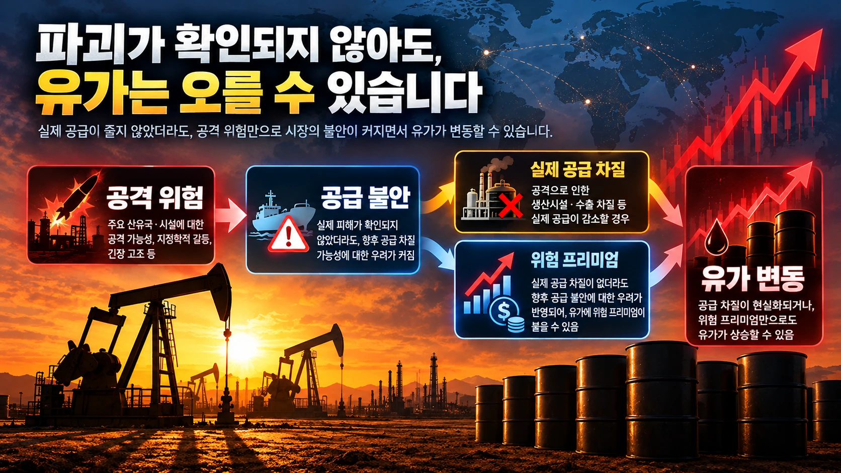 석유시설 공격 위험이 공급 차질 우려와 국제유가 변동으로 이어지는 구조를 설명한 인포그래픽