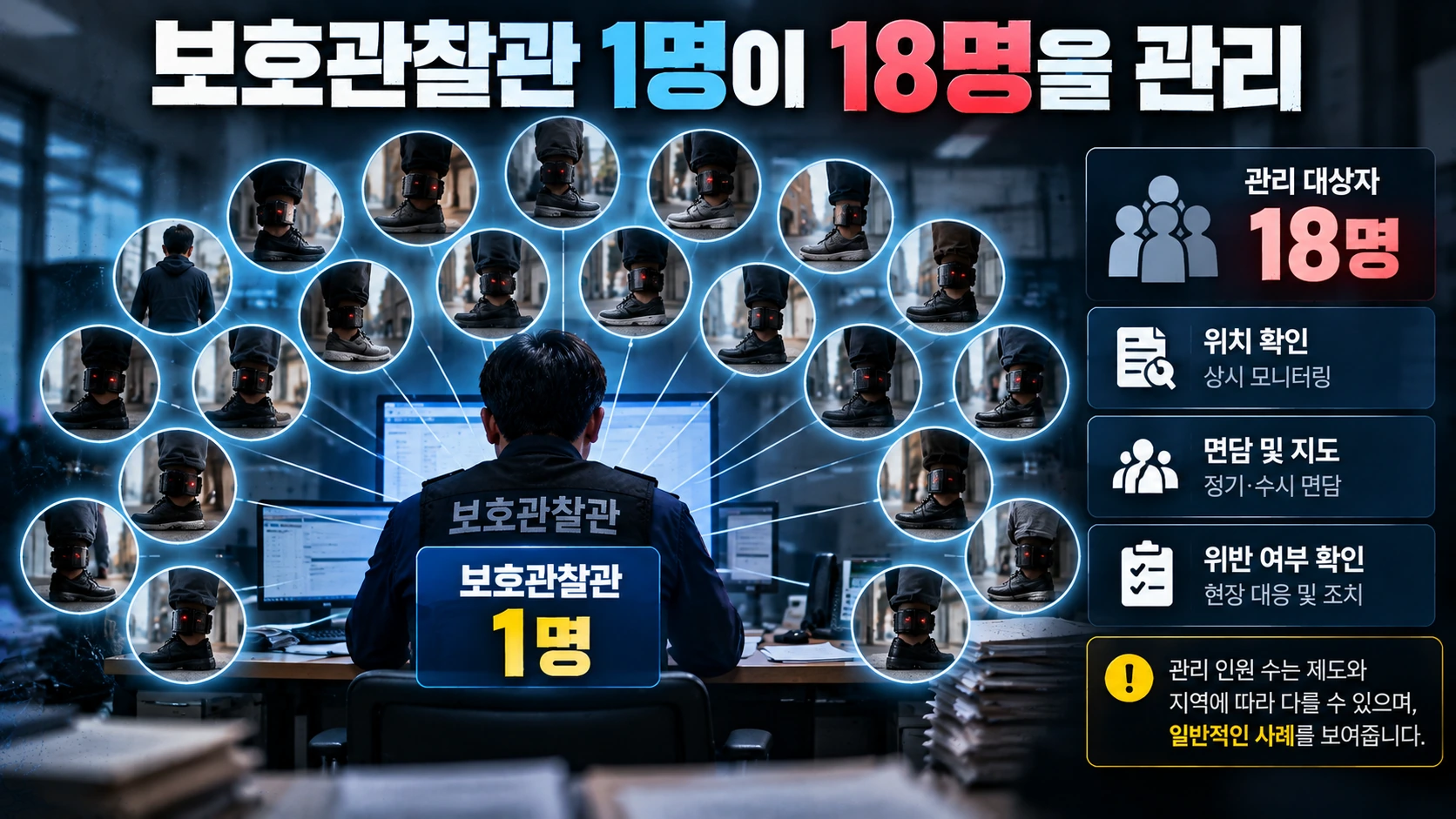 보호관찰관 한 명과 관리 대상자 18명의 구조
