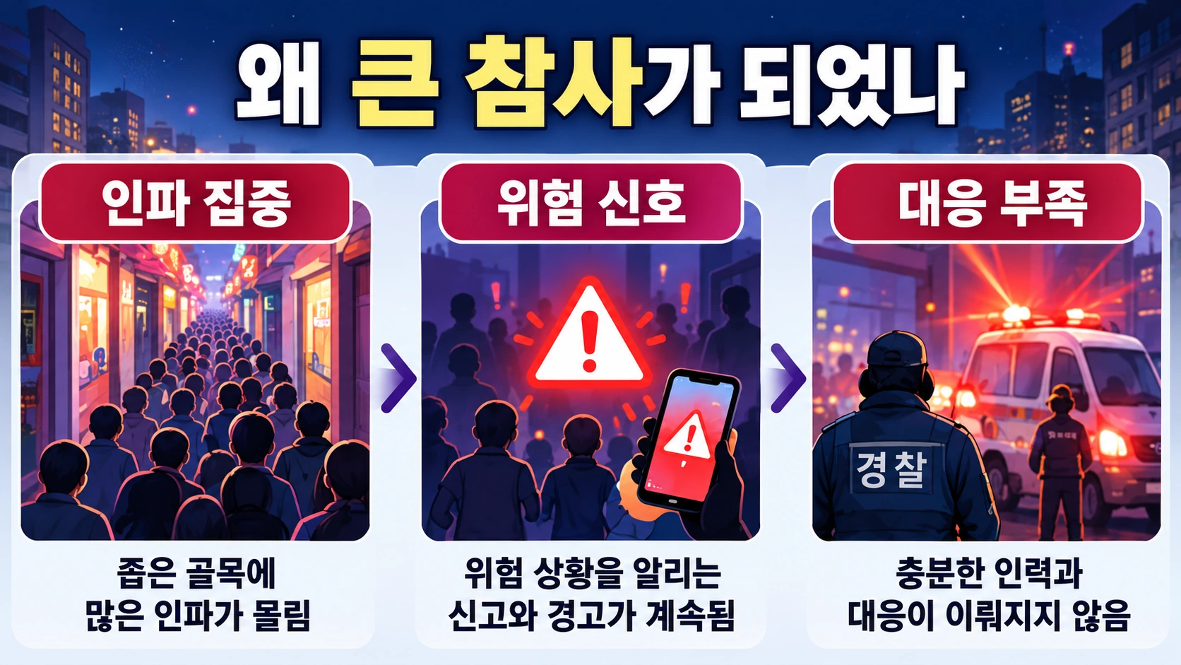 이태원 참사 당시 인파 집중과 사전 대비 부족, 위험 신고 대응 문제를 세 단계로 설명하는 안전관리 인포그래픽