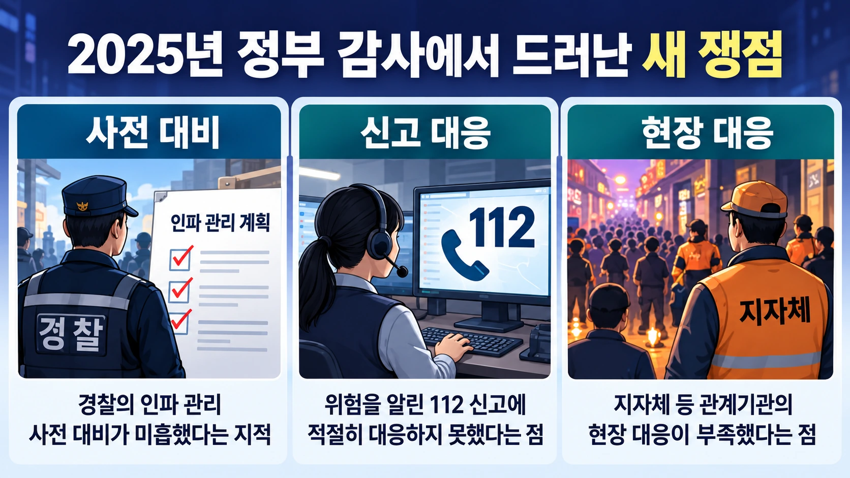 2025년 정부 합동감사에서 지적된 이태원 참사의 경찰 인파관리 부족, 위험 신고 대응 문제, 지방자치단체 대응 부실을 정리한 인포그래픽