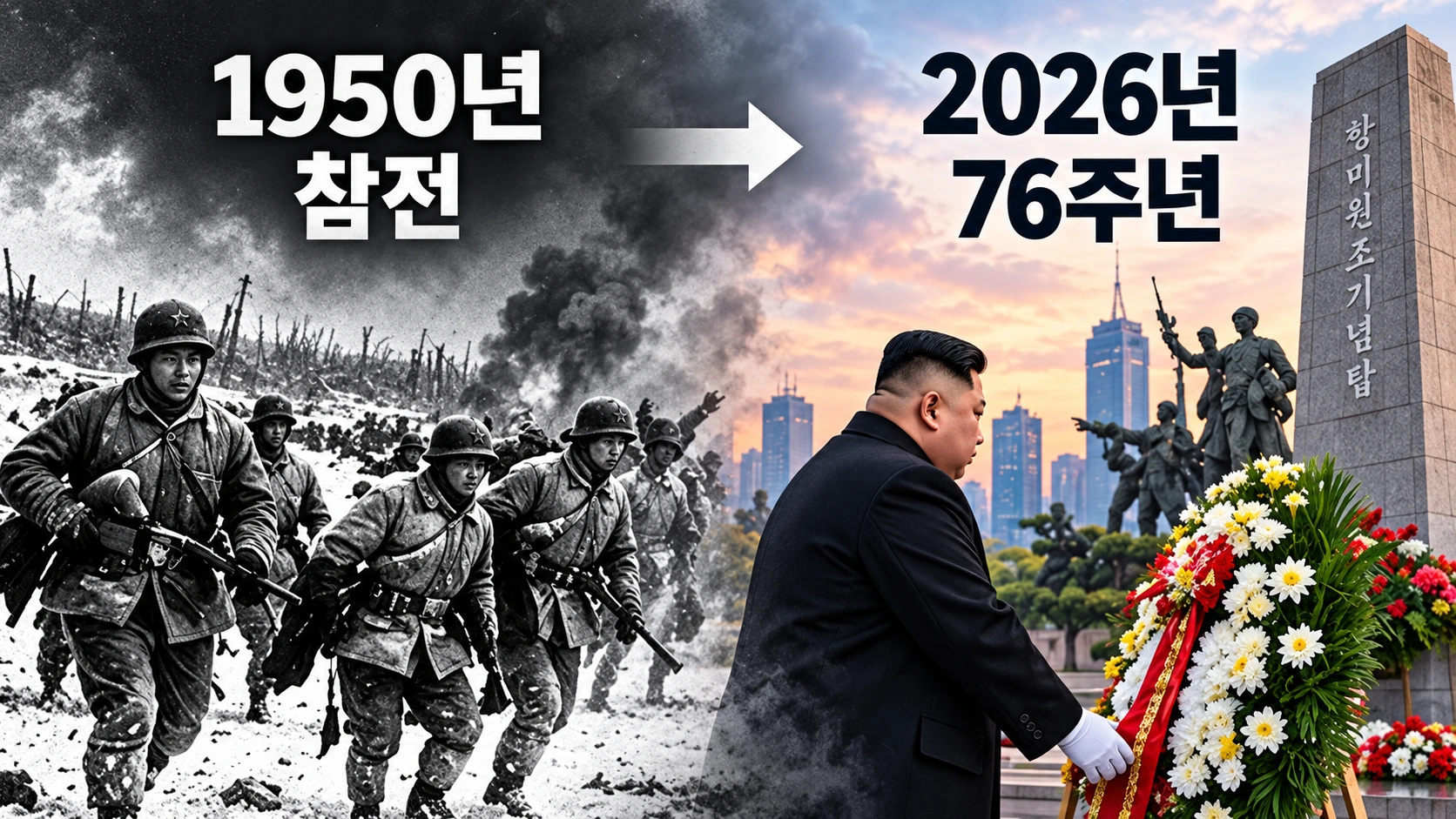 1950년 중국군의 한국전쟁 참전과 2026년 10월 24일 김정은의 단둥 추모 방문을 연결해 보여주는 역사 타임라인