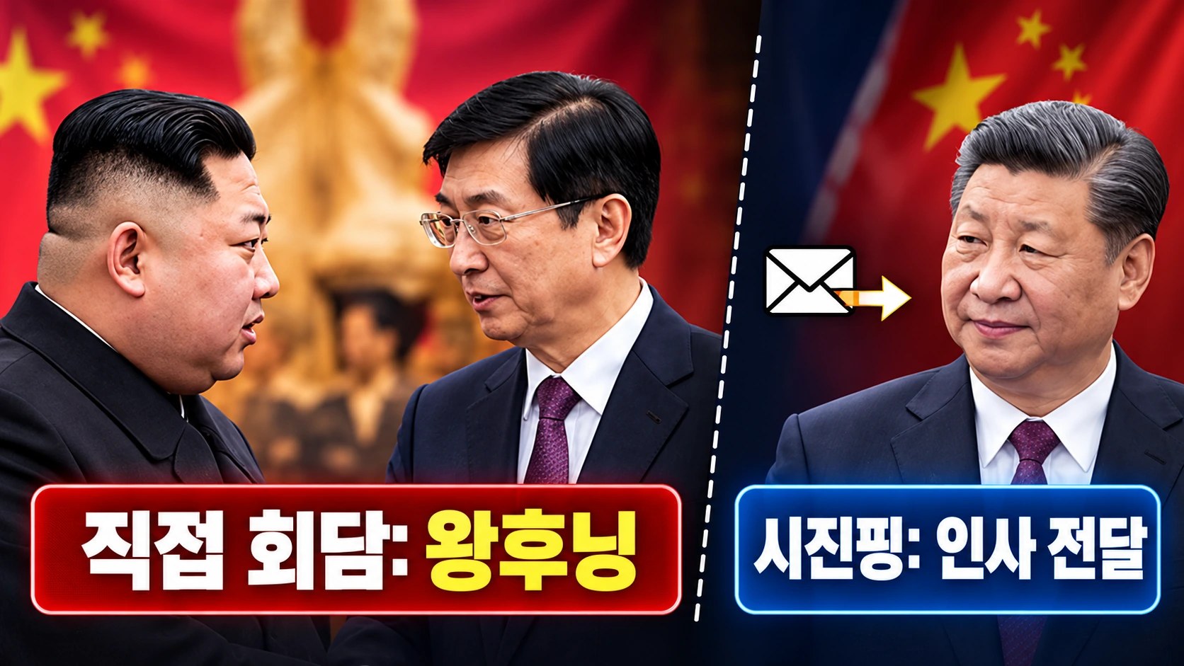 중국의 시진핑 국가주석과 왕후닝 정협 주석의 역할 차이 및 김정은과의 이번 접촉을 설명한 관계도