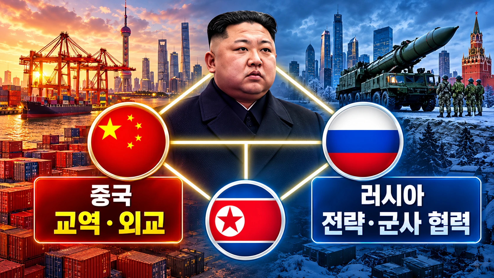 북한과 중국 러시아의 경제 외교 군사 협력 관계를 구분해 표현한 세 나라 관계도