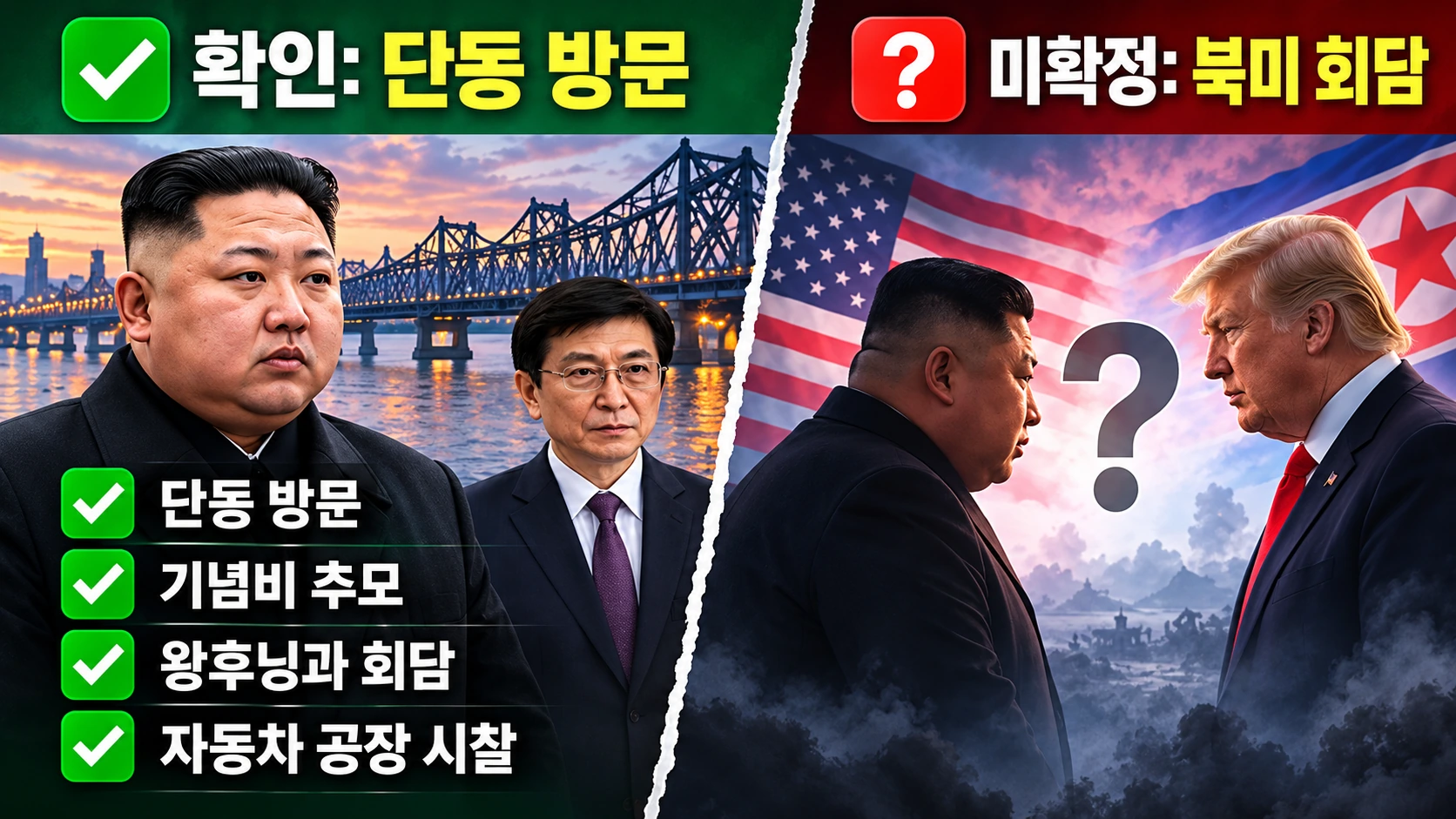 김정은 단둥 방문의 확인된 사실과 북미 정상회담 관련 미확인 관측을 분리한 비교 인포그래픽
