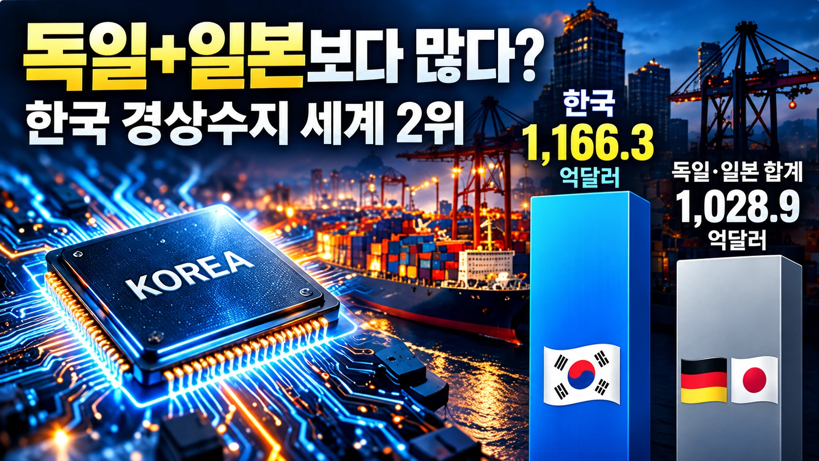 한국 반도체와 수출 항만을 배경으로 한국의 2분기 경상수지 흑자가 독일과 일본 합계보다 큰 상황을 표현한 뉴스 일러스트