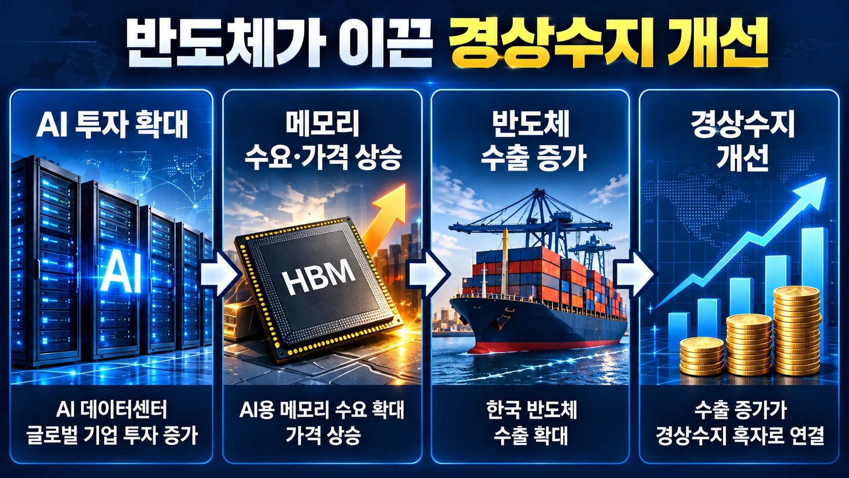 세계 AI 데이터센터 투자 확대가 한국 메모리 반도체 수요와 가격 상승을 거쳐 경상수지 흑자 확대로 이어지는 흐름도