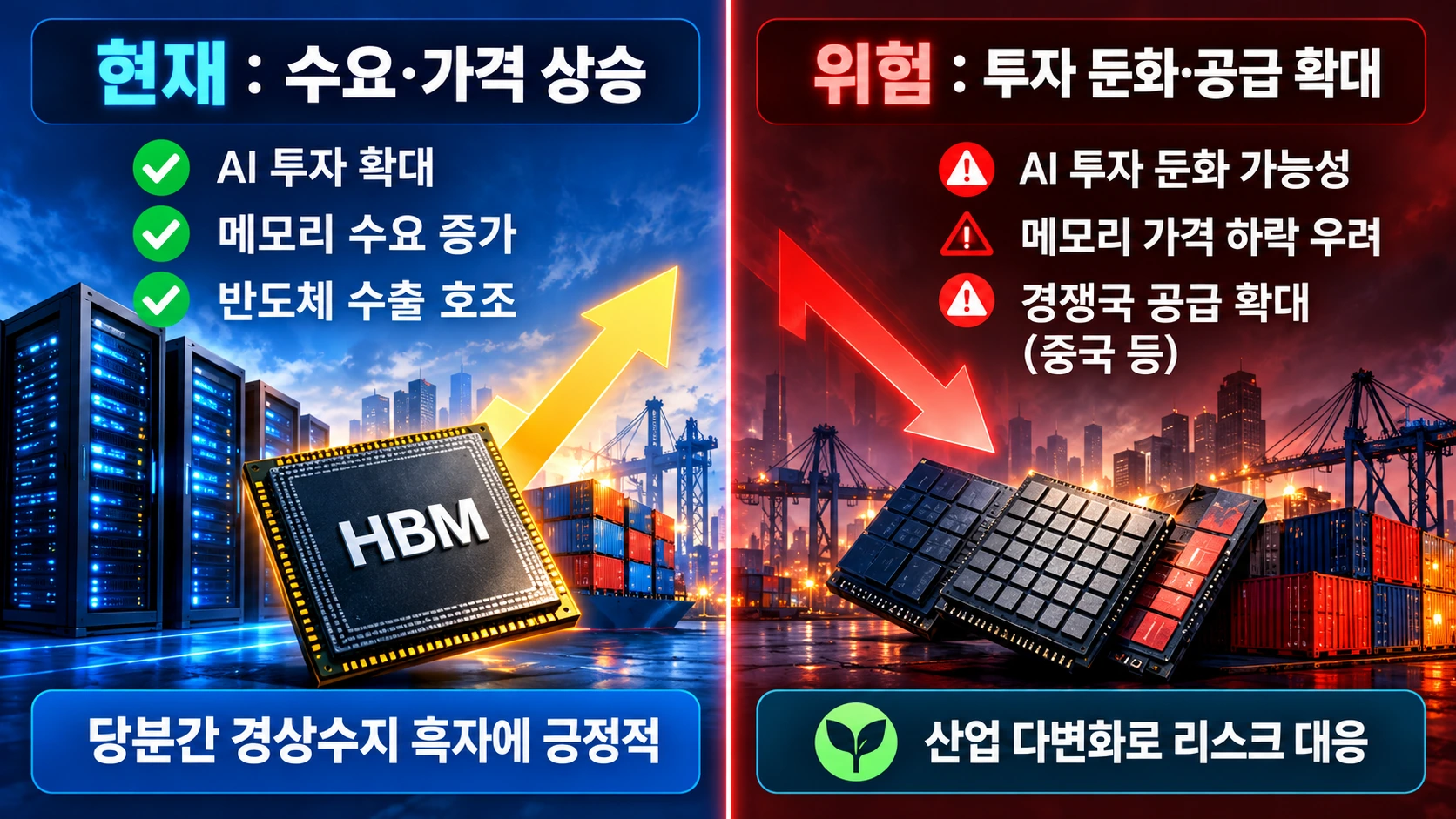 한국 반도체 수출 호황의 성장 요인과 AI 투자 둔화 가격 하락 경쟁 심화의 위험을 좌우로 비교한 그림