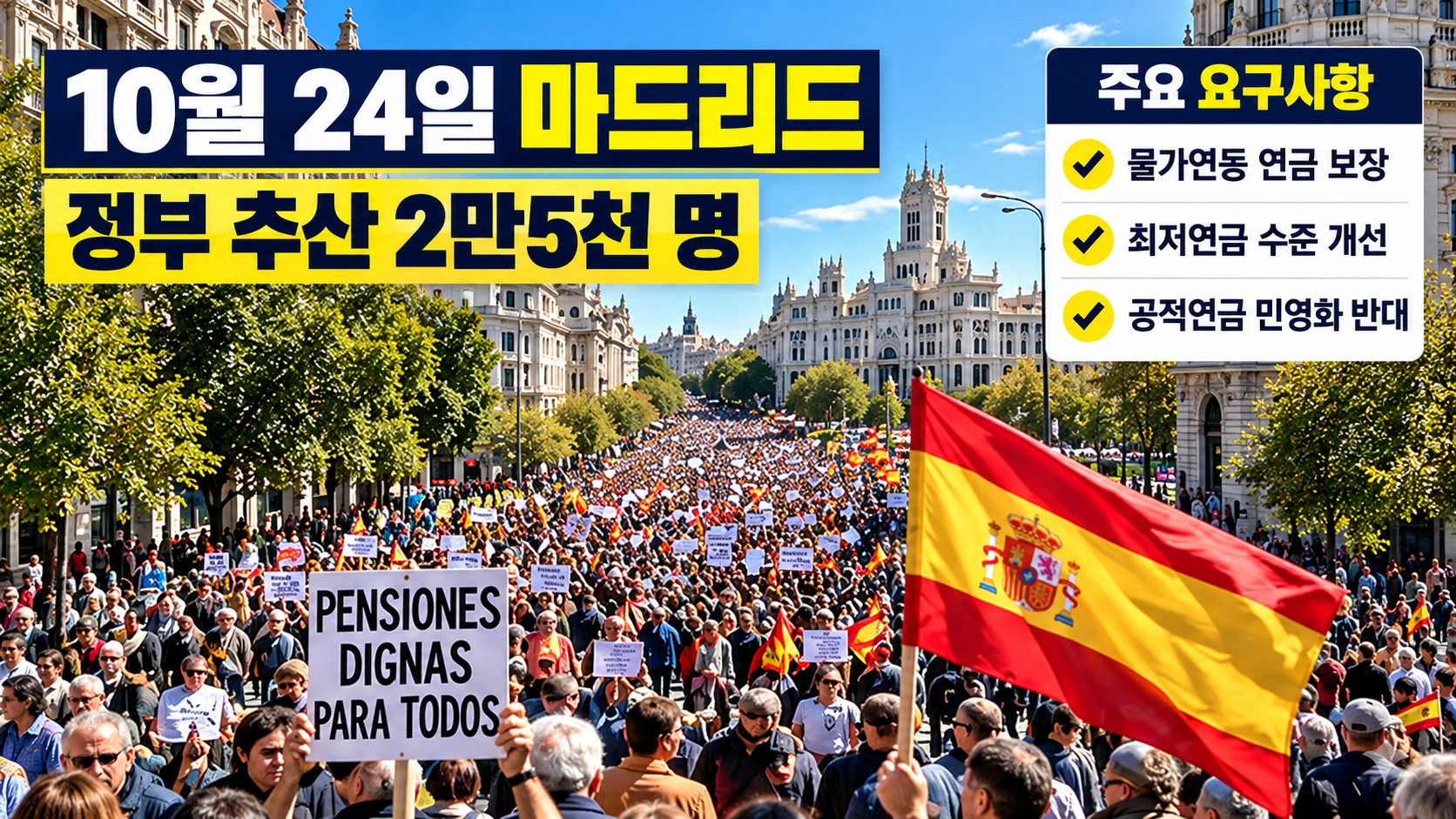 2026년 10월 24일 스페인 마드리드 연금 시위의 참가 규모와 주요 요구사항을 정리한 인포그래픽