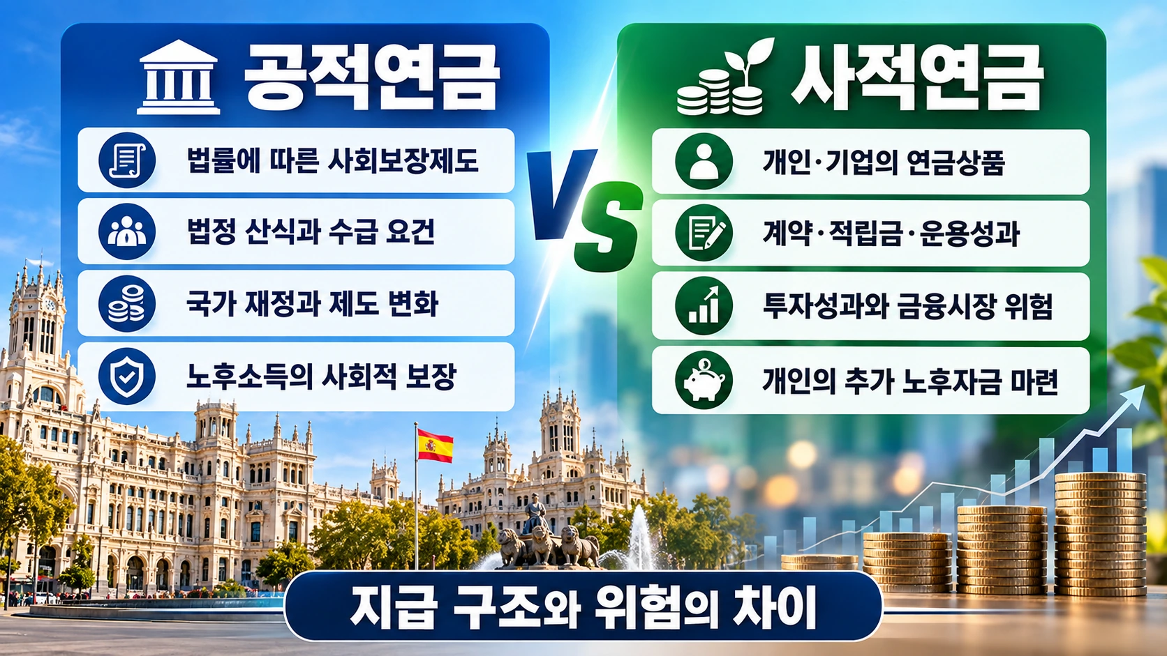 국가가 운영하는 공적연금과 금융기관이 운용하는 사적연금의 기본 구조를 비교한 인포그래픽