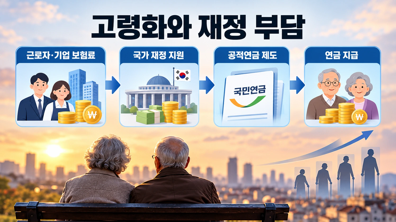 일하는 세대의 보험료와 국가 재원이 은퇴 세대의 공적연금 지급으로 연결되는 구조 및 고령화의 영향을 설명하는 그림