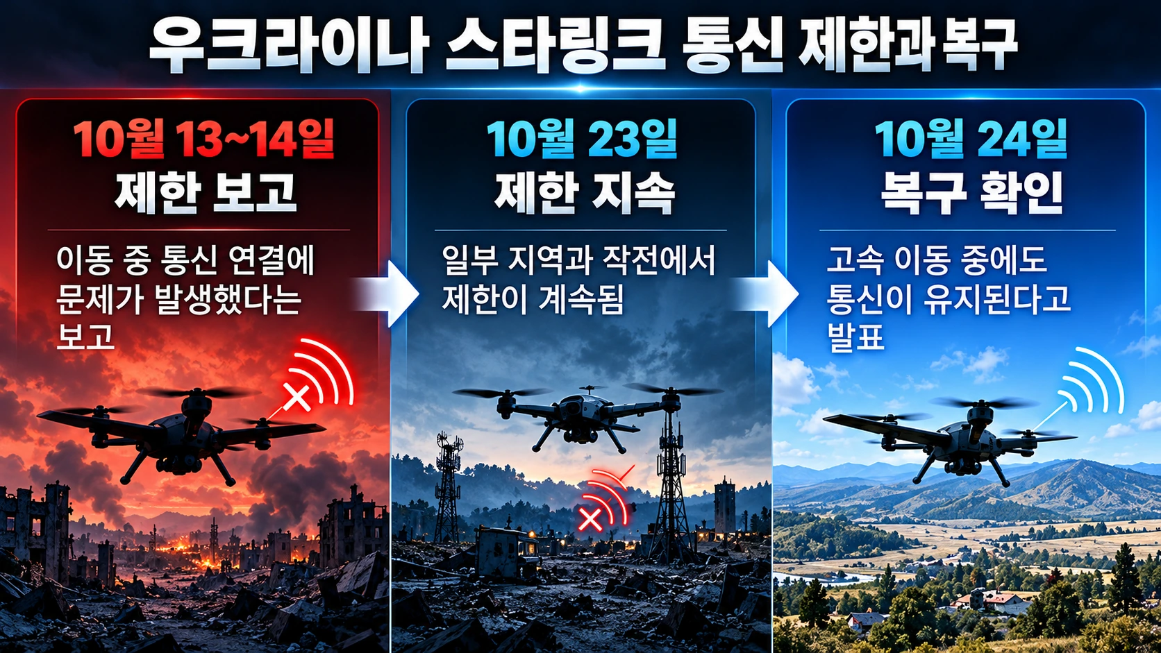 2026년 10월 스타링크 통신 제한 발생부터 우크라이나의 24일 복구 발표까지 사건 흐름을 정리한 타임라인