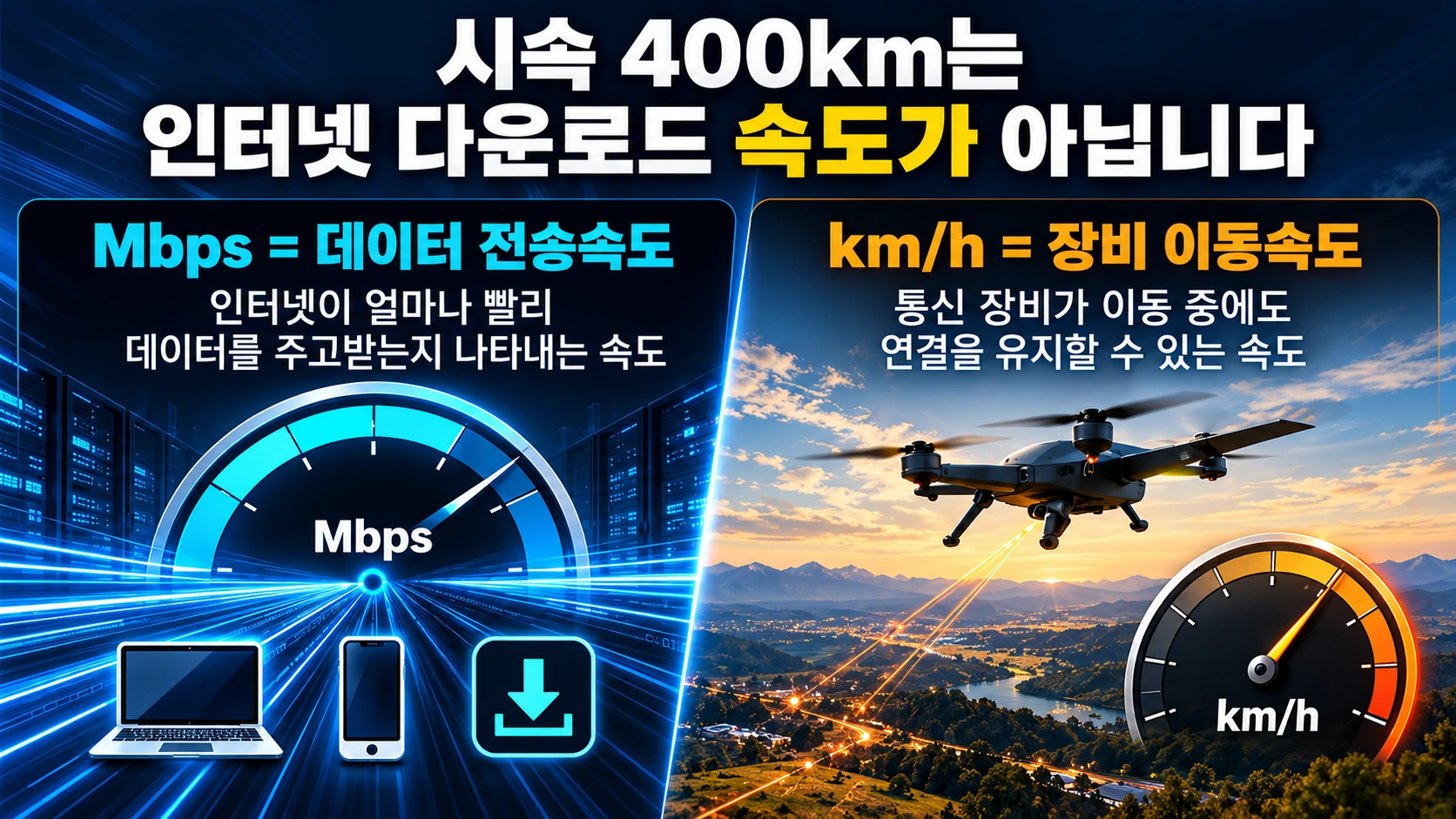 인터넷 데이터 전송속도 Mbps와 이동 중 통신 유지 속도 km/h의 차이를 보여주는 비교 인포그래픽