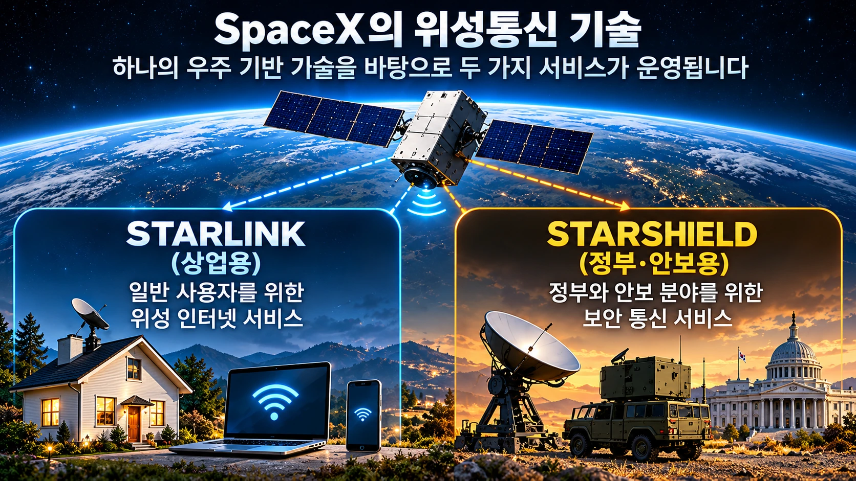 스페이스X의 상업용 스타링크와 정부용 스타실드 서비스의 용도와 구조 차이를 설명한 그림