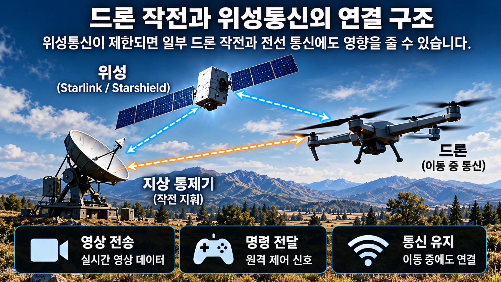 우크라이나의 위성통신 제한이 드론 영상과 명령 전달, 전선 통신에 영향을 주는 개념을 설명한 인포그래픽