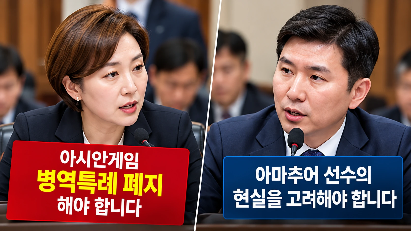 임오경 의원의 아시안게임 병역특례 폐지 주장과 유승민 대한체육회장의 신중론을 국정감사 구도로 비교한 일러스트