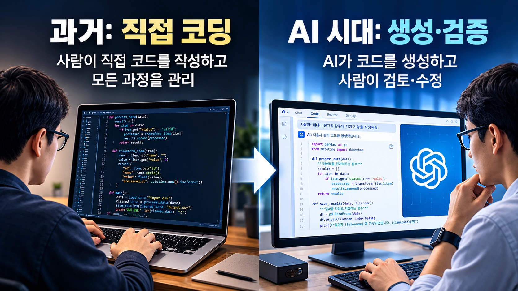 인간 프로그래머가 직접 코딩하던 방식과 AI가 코드를 생성하고 인간이 검증하는 방식을 비교한 인포그래픽