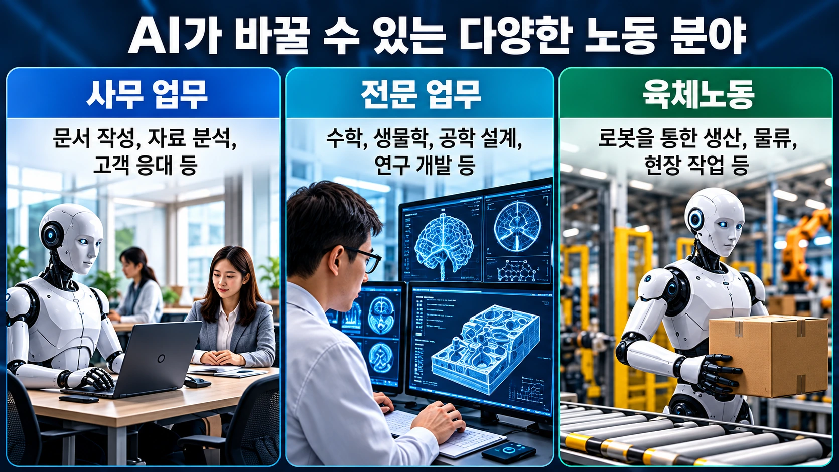 인공지능이 사무직과 전문직의 지적 업무부터 휴머노이드 로봇을 통한 육체노동까지 영향을 미치는 세 영역을 비교한 그림