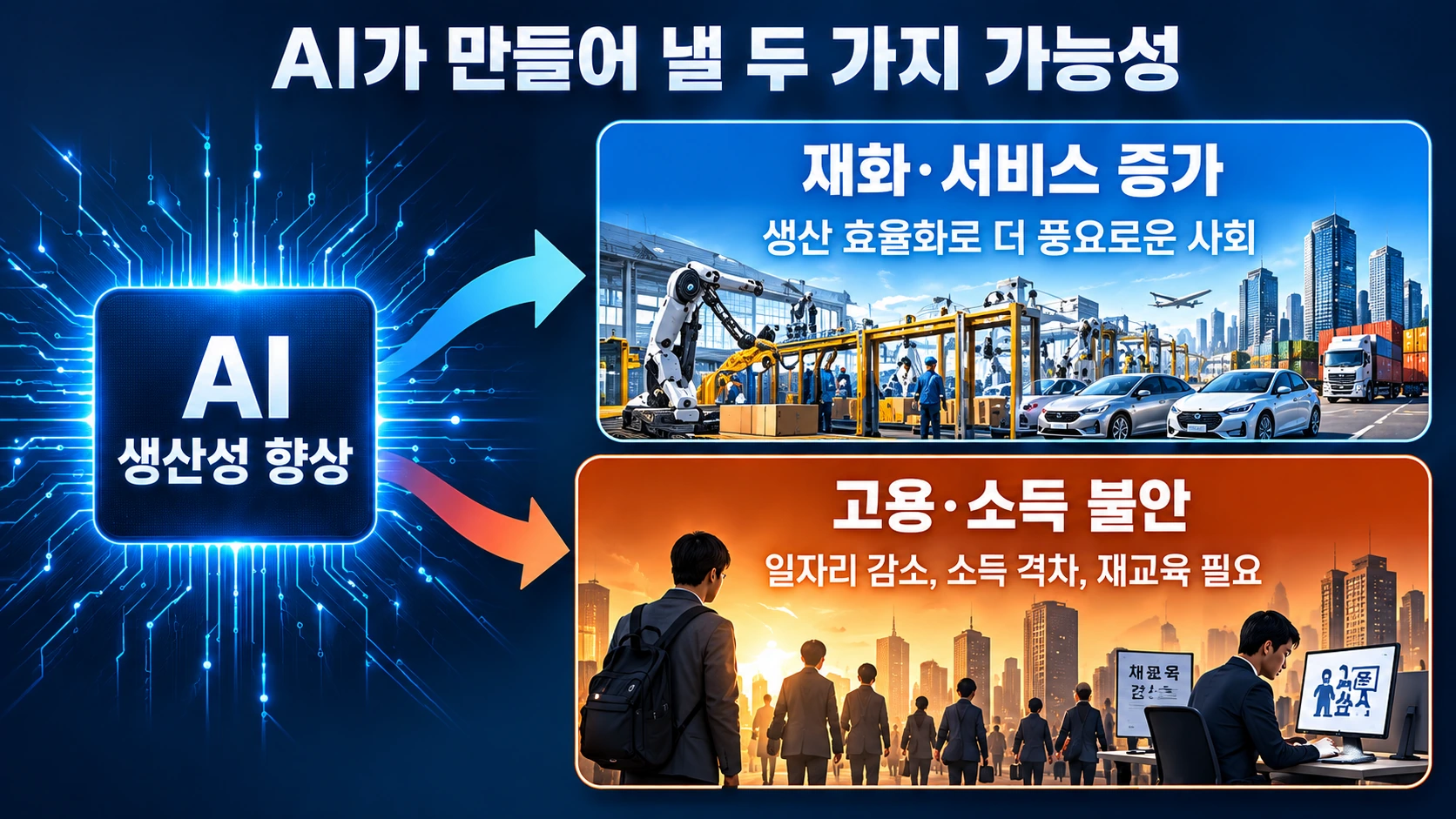AI로 생산성이 높아져 재화가 풍부해지는 한편 일자리와 소득이 줄어들 수 있는 경제적 변화를 설명한 흐름도