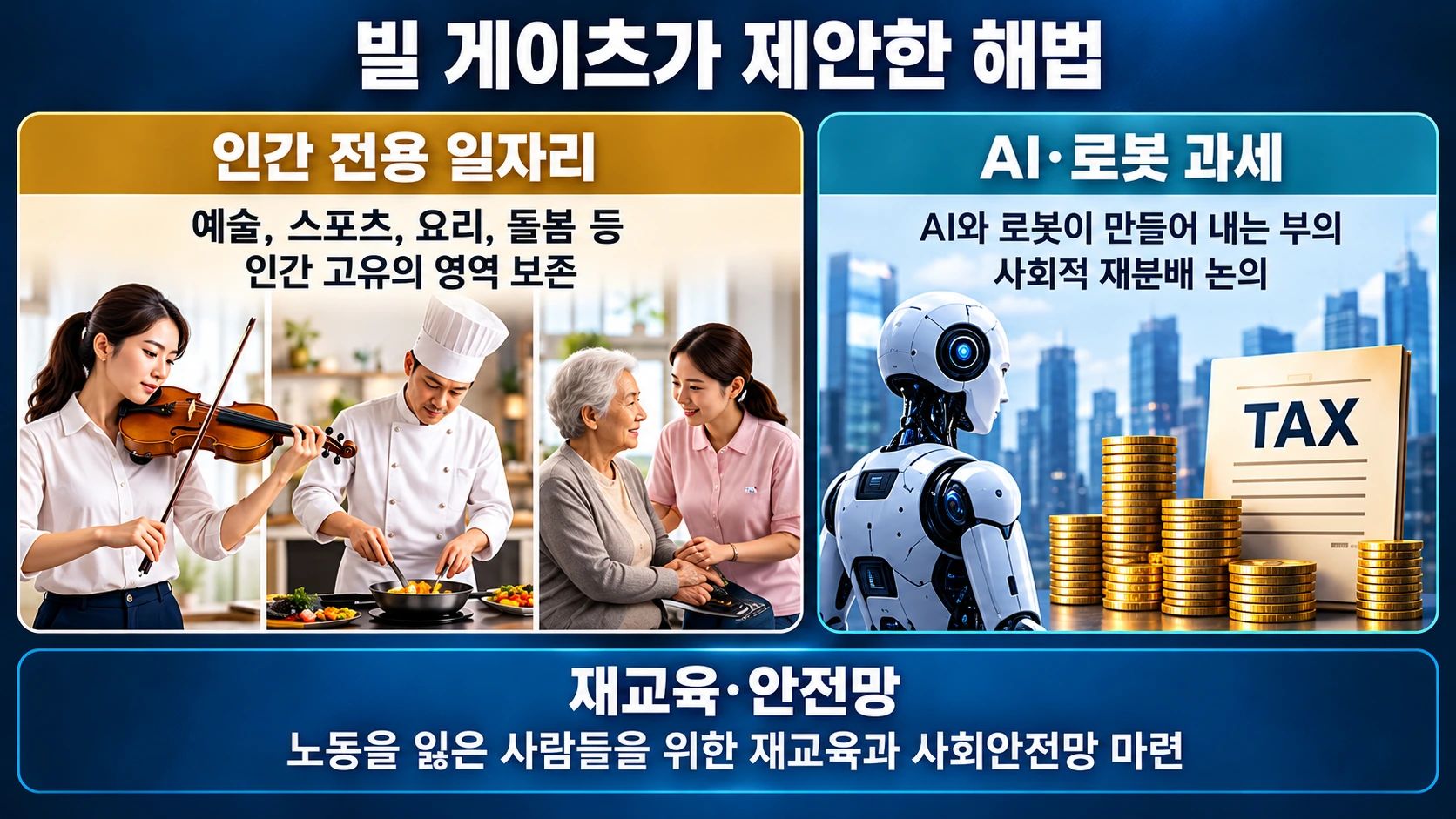 빌 게이츠가 제안한 인간 전용 일자리와 AI·로봇 과세, 사회안전망 지원 방안을 설명한 인포그래픽
