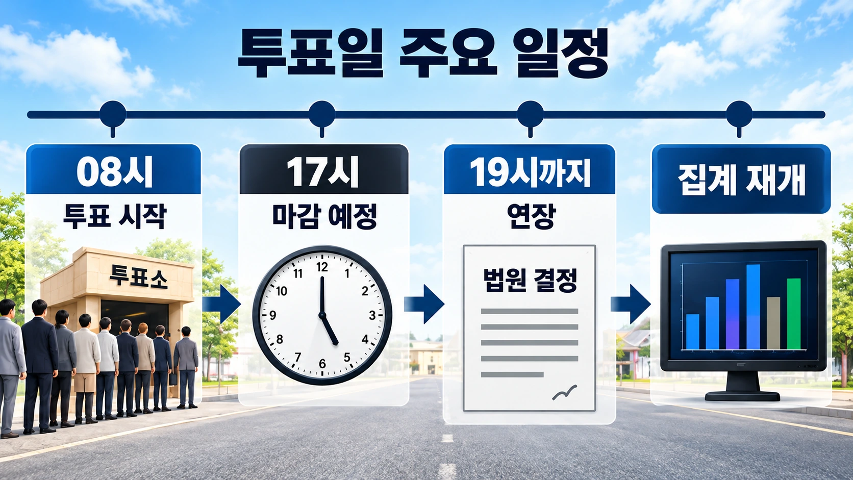 브라질 결선투표의 원래 마감 시간, 연장 결정, 집계 일시 중단, 오후 7시 이후 집계 재개를 정리한 타임라인