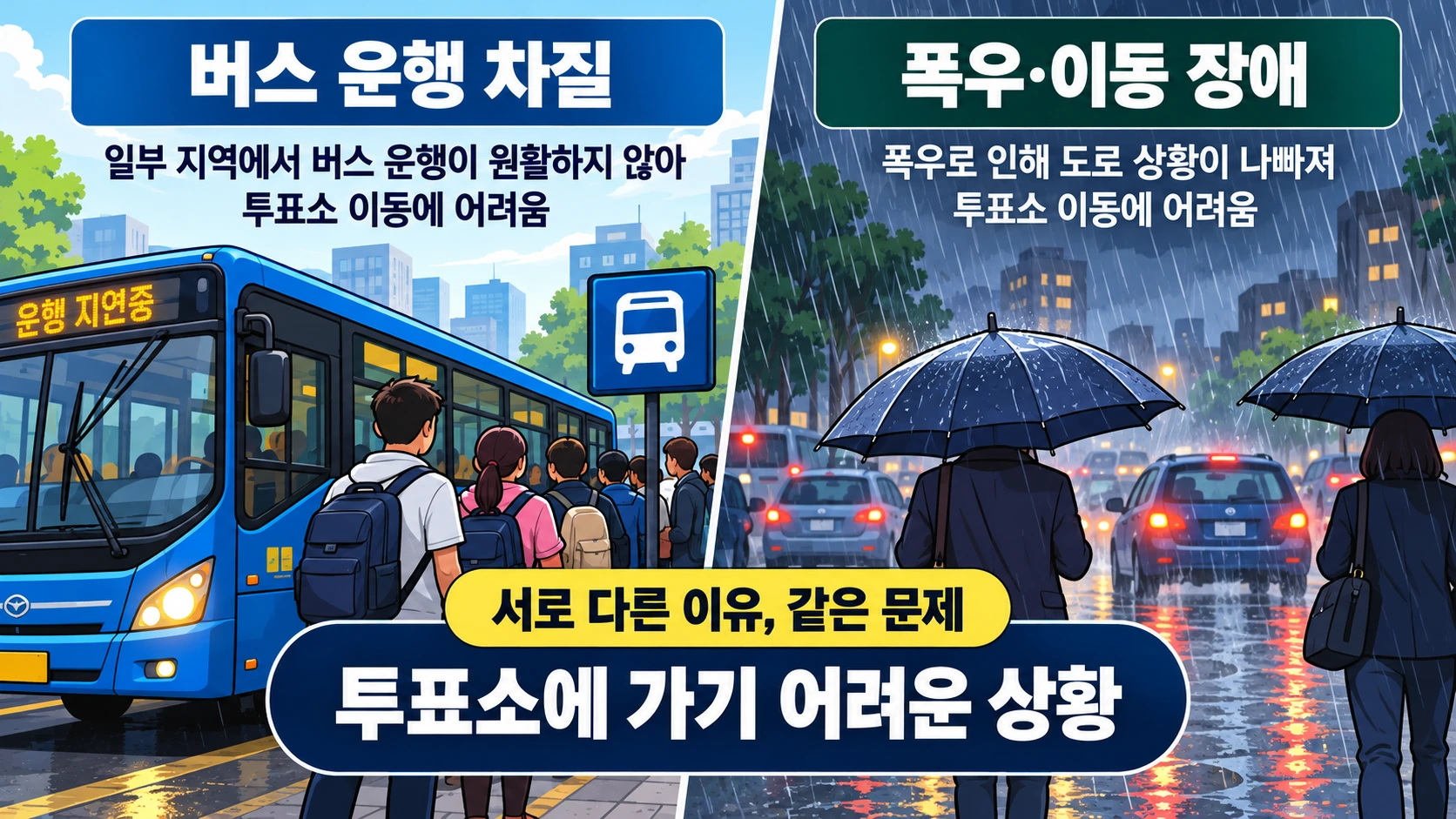 버스 운행 차질과 폭우 때문에 투표소로 이동하기 어려운 유권자들의 상황을 설명한 비교 인포그래픽